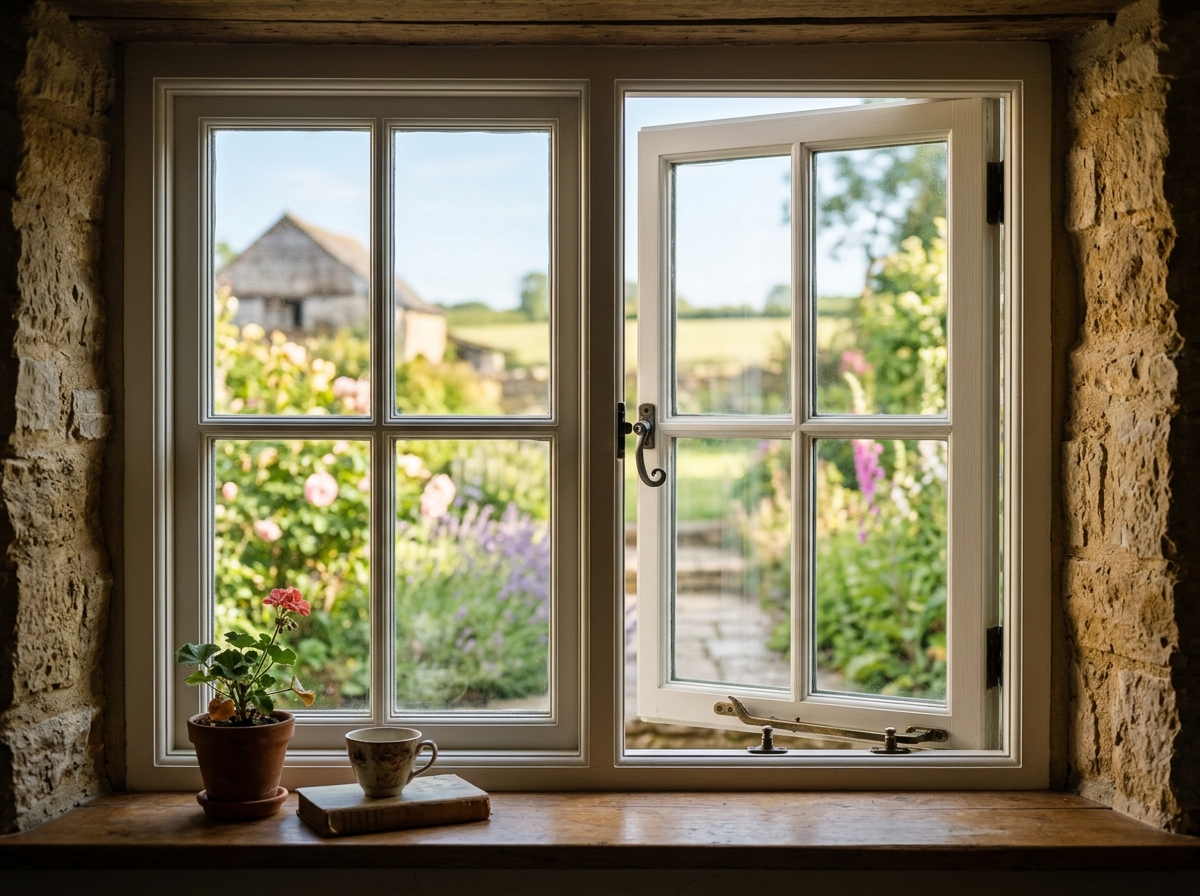 Flush timber casement window in stone cottage